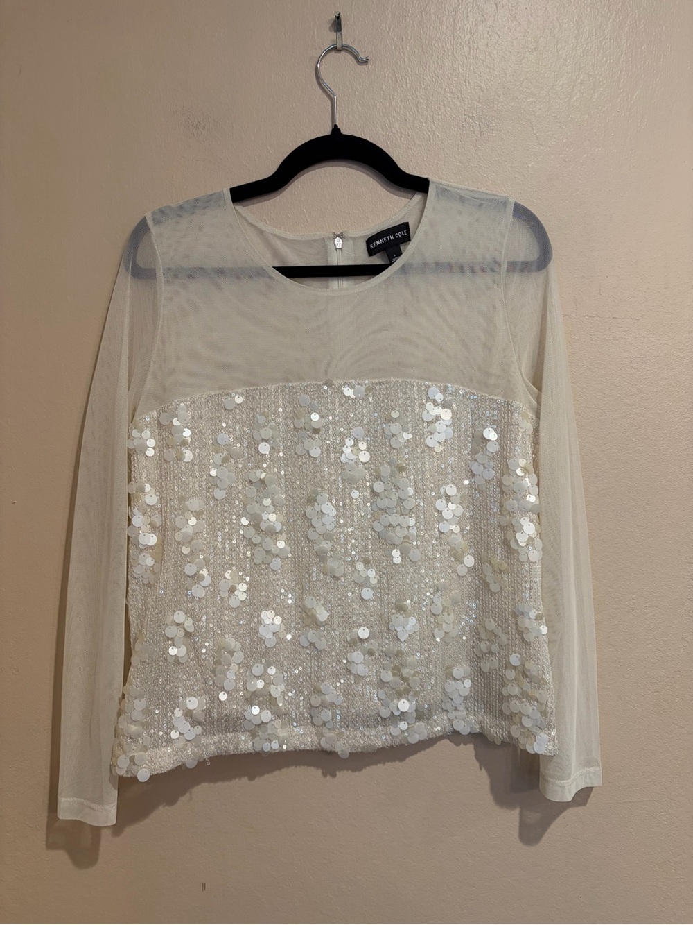 Kenneth Cole Ivory Sheer Long-Sleeve w/ Sparkly Sequins, Party Bridal Inspo